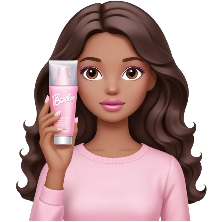 A white Barbie girl with long dark brown wavy hair in pale pink clothes smears by hand cosmetic cream on her face emoji