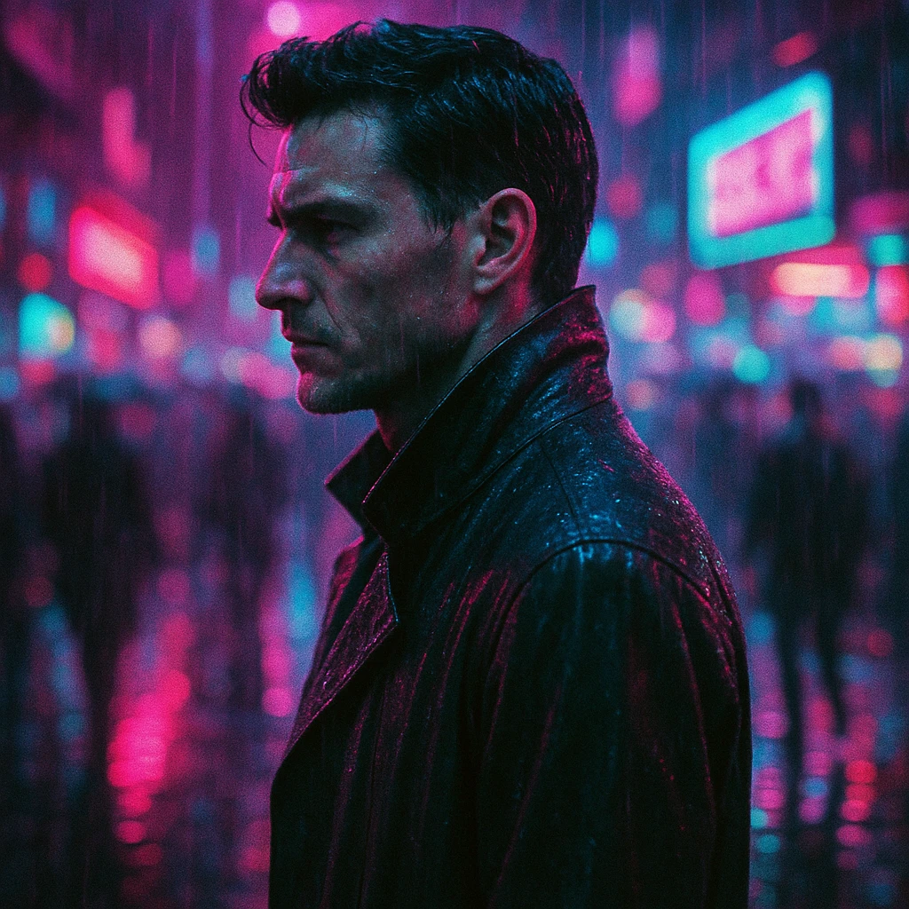 cyberpunk portrait of a man in a rain-soaked trench coat, neon-lit city at night, side profile, serious expression, neon reflections on wet pavement, vibrant magenta and cyan lighting, motion blur of crowd, shallow depth of field, Blade Runner style, analog film grain, chromatic aberration emoji