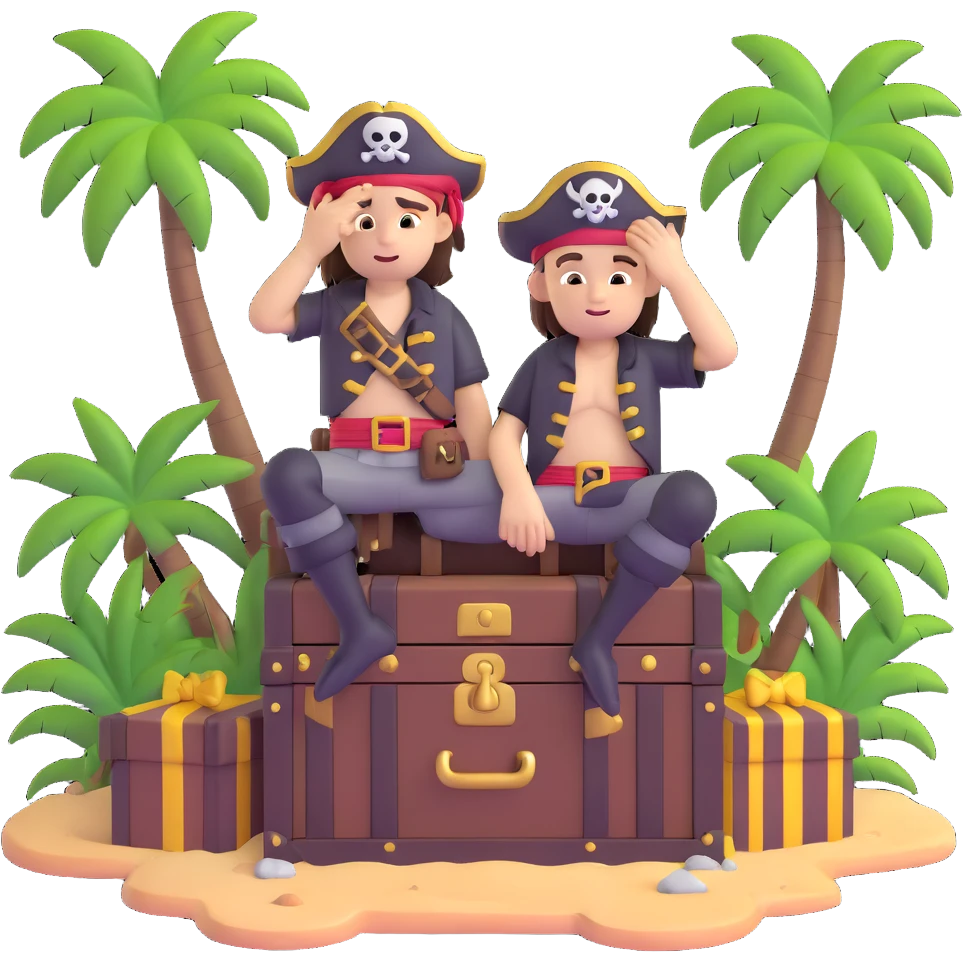 kid pirate with hand on forehead looking for something, one foot on treasure chest, palm trees in background emoji