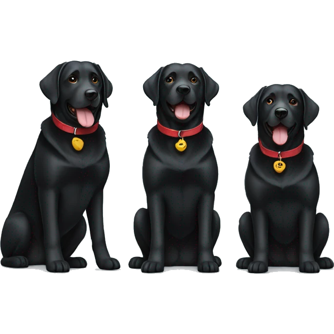 2 happy adult black labradors, one has a red collar, one has a light blue collar,side by side. emoji