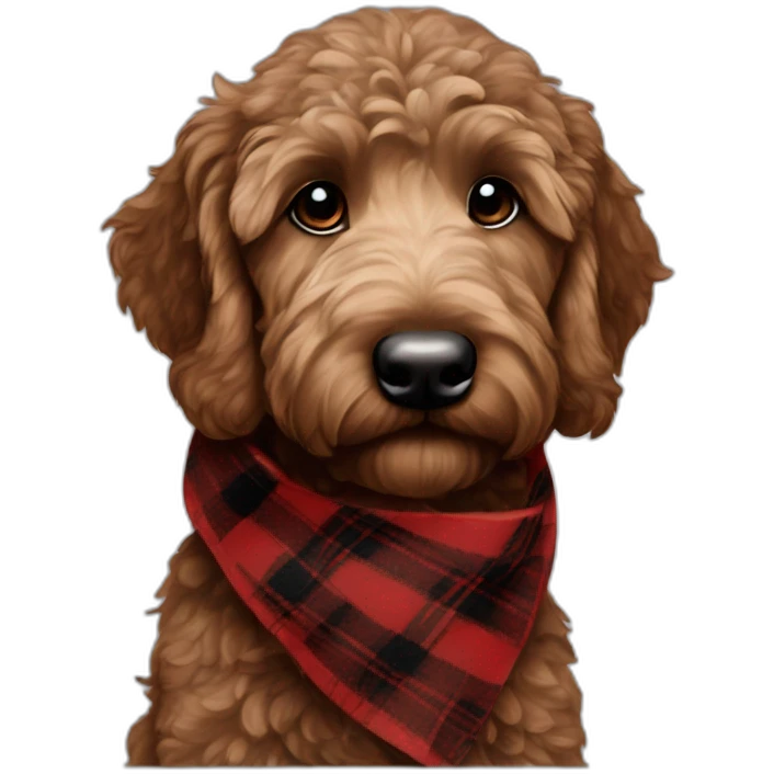 Dark Chocolate brown colored golden doodle with a red and black flannel hankerchief emoji