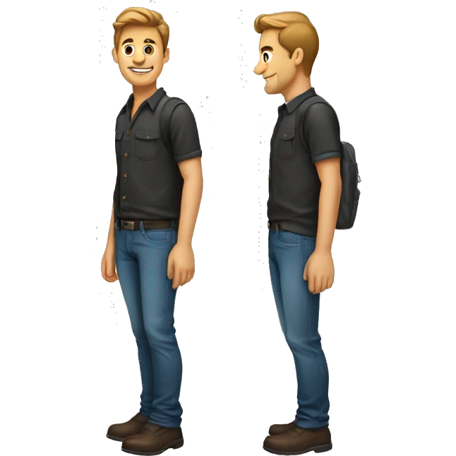 Guy standing turned slightly his right. Left hand in pocket. Right hand hanging emoji