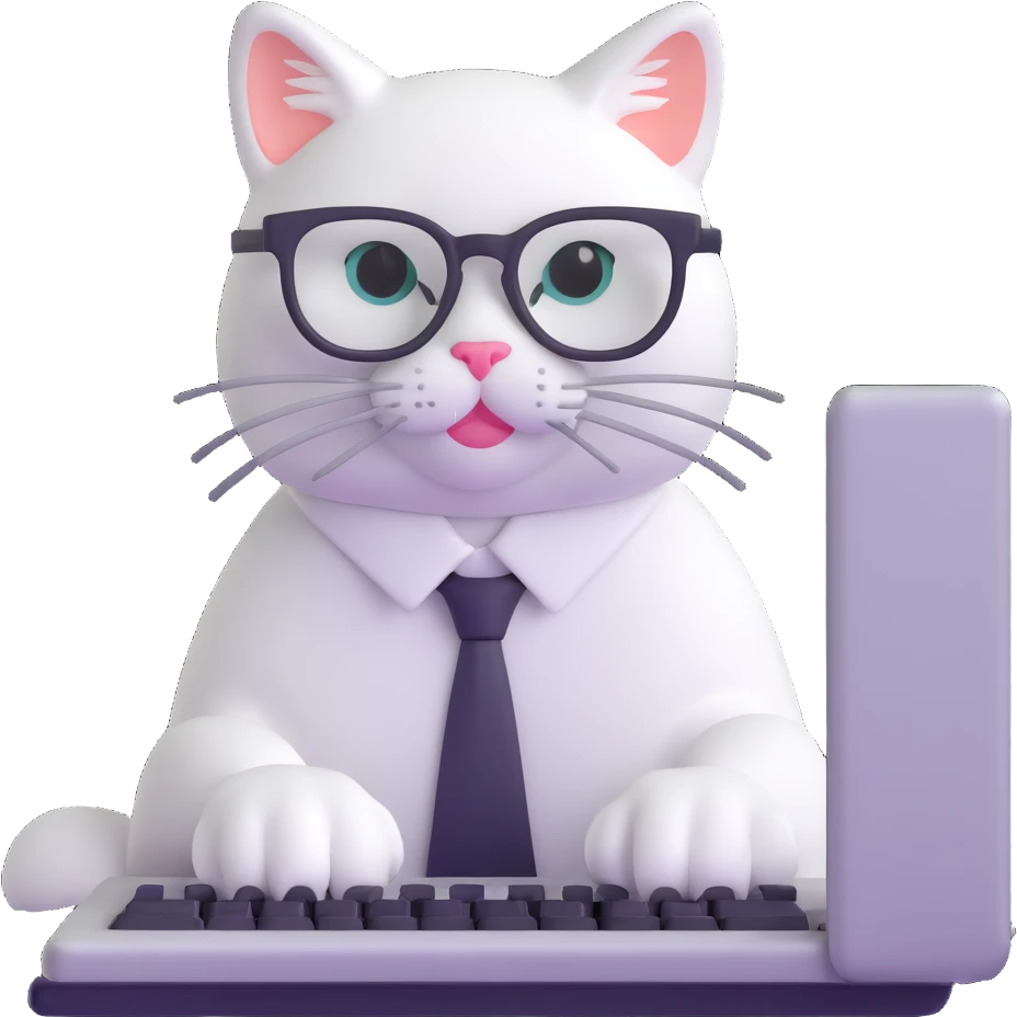 white hacker cat wearing glasses typing on a keyboard emoji