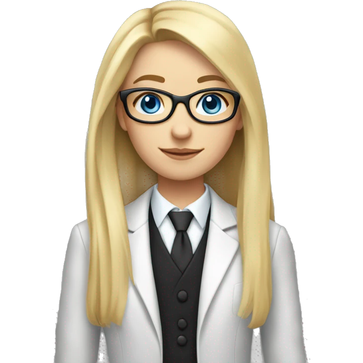 A girl with long blond hair, blue eyes, fair skin, glasses, in a black suit emoji