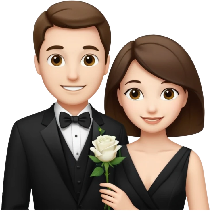 smiling couple in formal attire with white rose boutonnière emoji