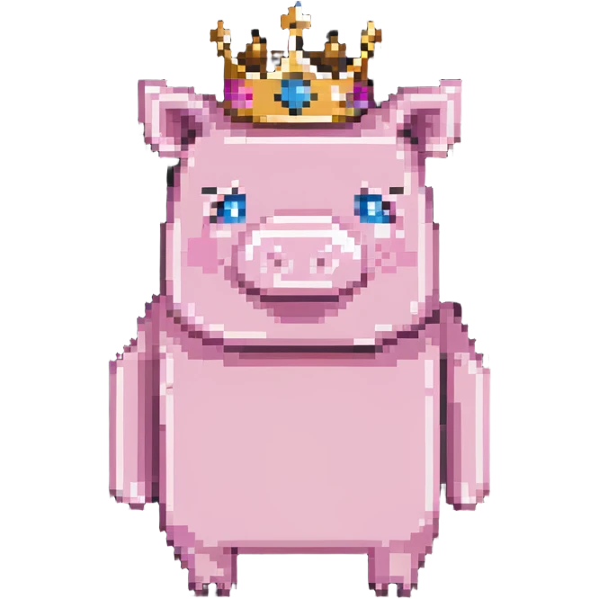 full body pink blocky pig with square head and square body wearing a crown emoji