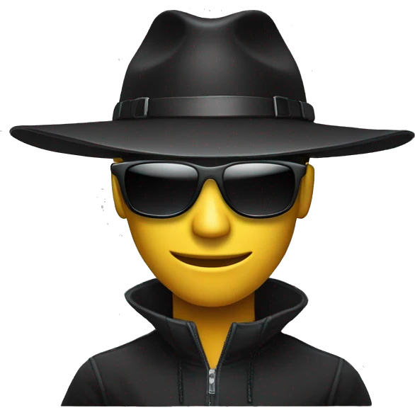 black hat hacker with bla sunglasses behind a computer emoji