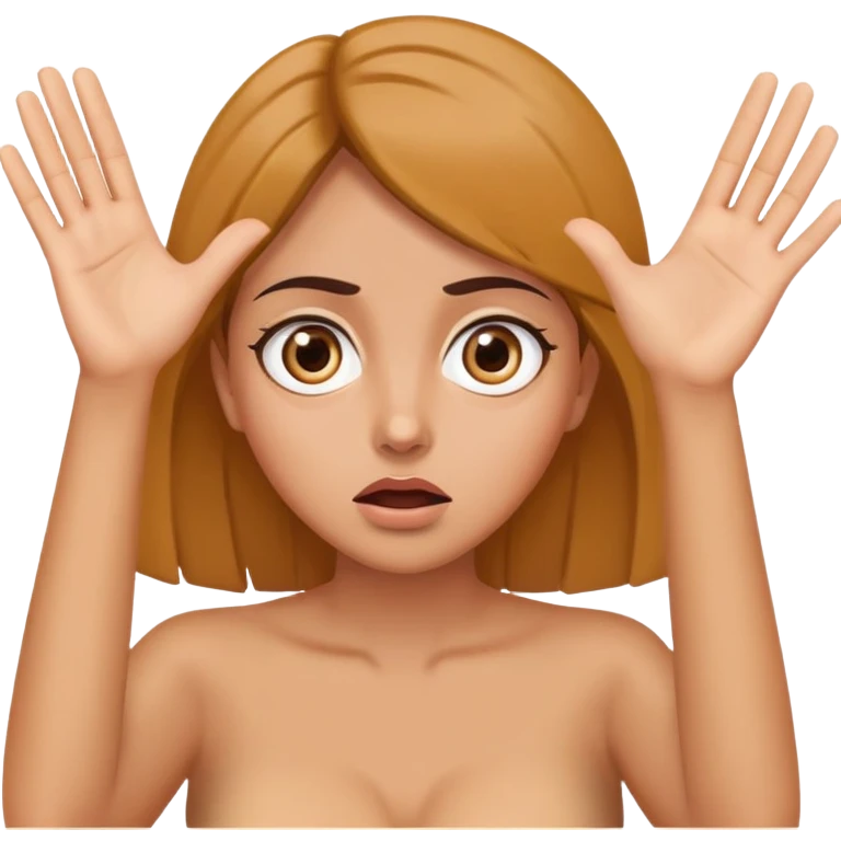 Woman with wide eyes and confused expression, hands raised by face emoji