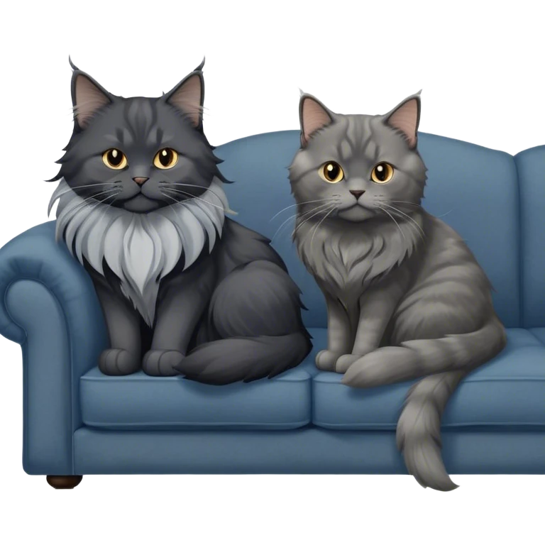Portrait of a black smoke Maine Coon cat with long grey ear tufts, alongside a British Shorthair cat with a solid blue coat on sofa. Both cats with detailed fur textures and playful expressions. Soft, elegant background of room with warm, natural tones. Transparent background. emoji