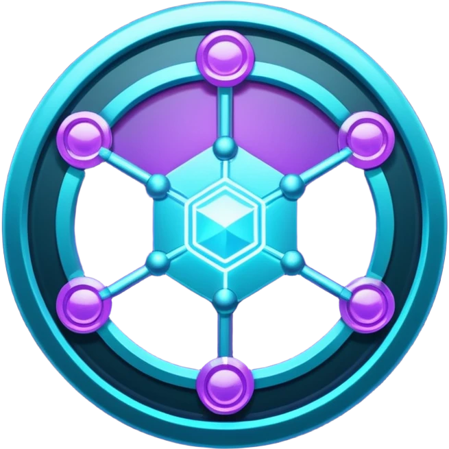 Futuristic blockchain node badge icon, circular emblem with interconnected glowing nodes, all nodes softly illuminated, neon cyan and violet gradient, sci-fi web3 game UI style, metallic rim, dark background, 3D polished game asset, sharp and high detail, centered composition emoji