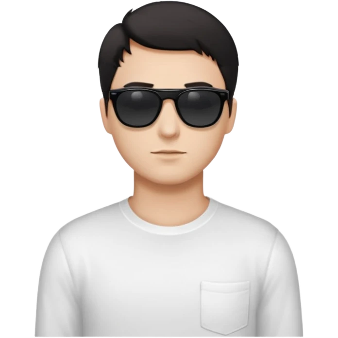 Парень в белом лонгсливе и черных прямоугольных очках солнцезащитныхс короткой стрижкой на бок темные волосы черный фон emoji