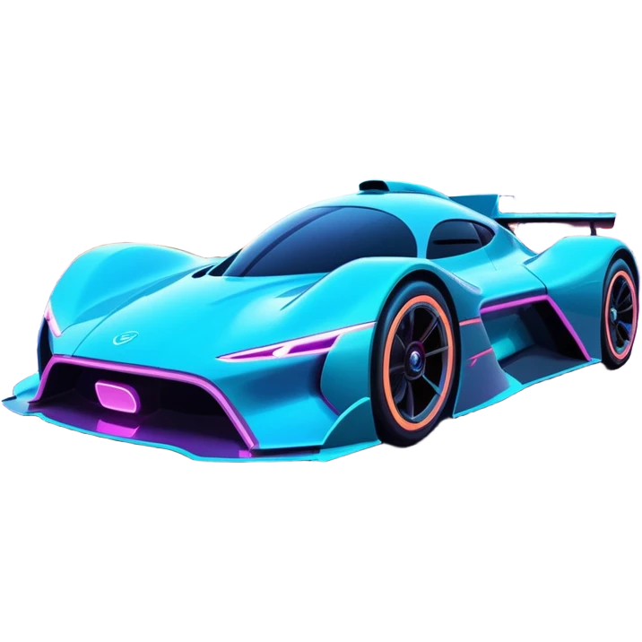 A futuristic racing car with glowing neon lights, sleek aerodynamic design, and a cyberpunk cityscape in the background. The car is speeding through a neon-lit street with high-tech buildings and holograms." emoji