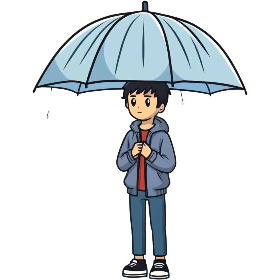 Anime-style teenage boy with dark hair standing in the rain, looking melancholic emoji
