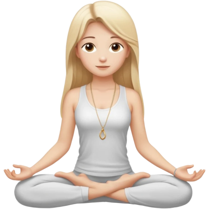 "Cartoon emoji of a girl with long, straight blonde hair, fair skin, soft brown eyes. Wearing a white top with a delicate necklace, serene expression, calm and peaceful. Smooth, simple, stylized." she is doing yoga emoji