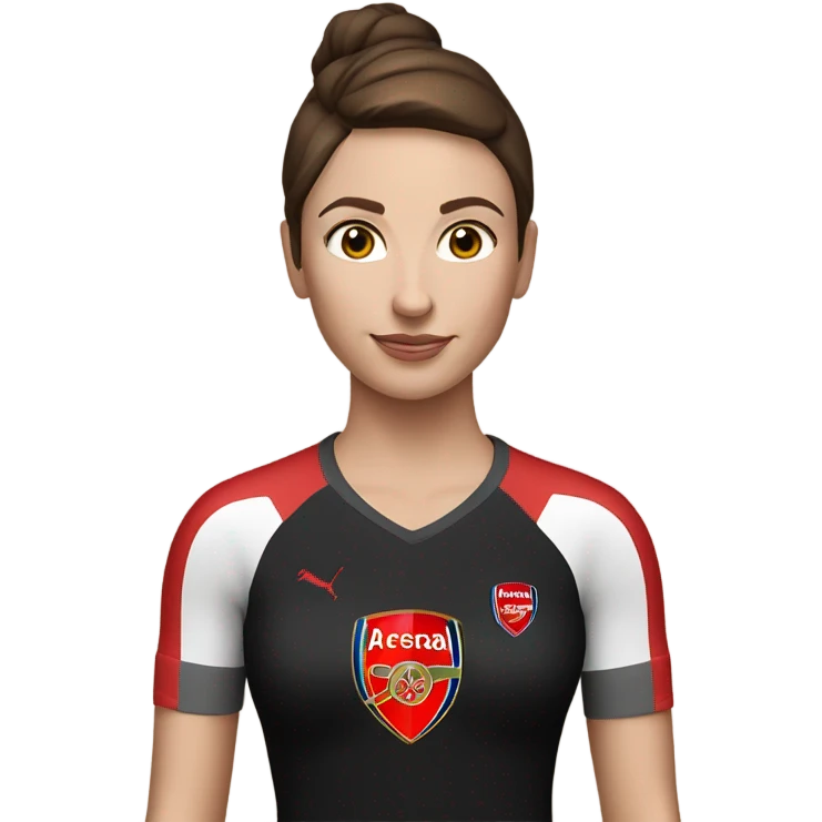 Pretty white woman with short brown hair wearing an Arsenal jersey and black leggings emoji