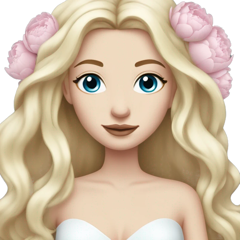 White bride with long light blonde hair and blue eyes with light pink peonies in hair white skin  emoji