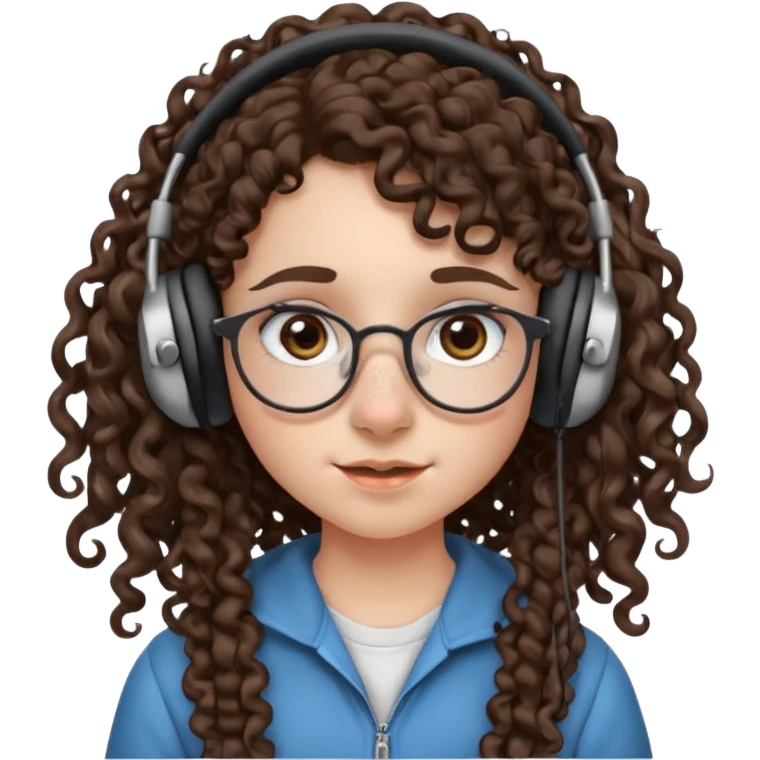 brunette kid with unique face features and very curly long hair kid girl neutral and very big nose and ears and dark eyes with freckles kind of nerd looking and headphone wearing no glassess just nose piercing very big one and evebrow piercing emoji