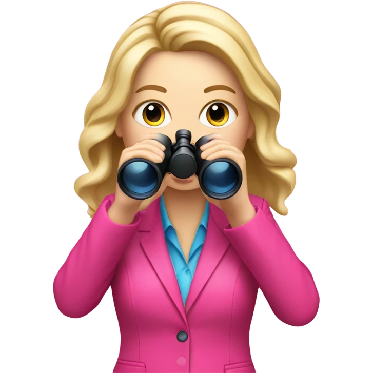 white female employee with loose blonde hair wearing intensive color pink suit looking in binoculars emoji