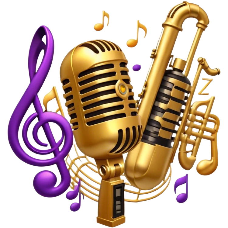 Create a vibrant and expressive emoji representing jazz vocal performance. The design should feature a vintage microphone at the center, surrounded by musical notes and soundwaves flowing outward, symbolizing the vocal improvisation and fluidity of jazz. Include key instruments often associated with jazz vocals, such as a jazz piano (stylized black keys) in the background and a saxophone or trumpet, giving it a true jazz vibe. Add soft lighting effects to evoke the intimate, atmospheric feel of a jazz club. Use rich colors like gold, black, deep purple, and red to reflect the soulful, smooth nature of jazz. The background should be transparent. emoji
