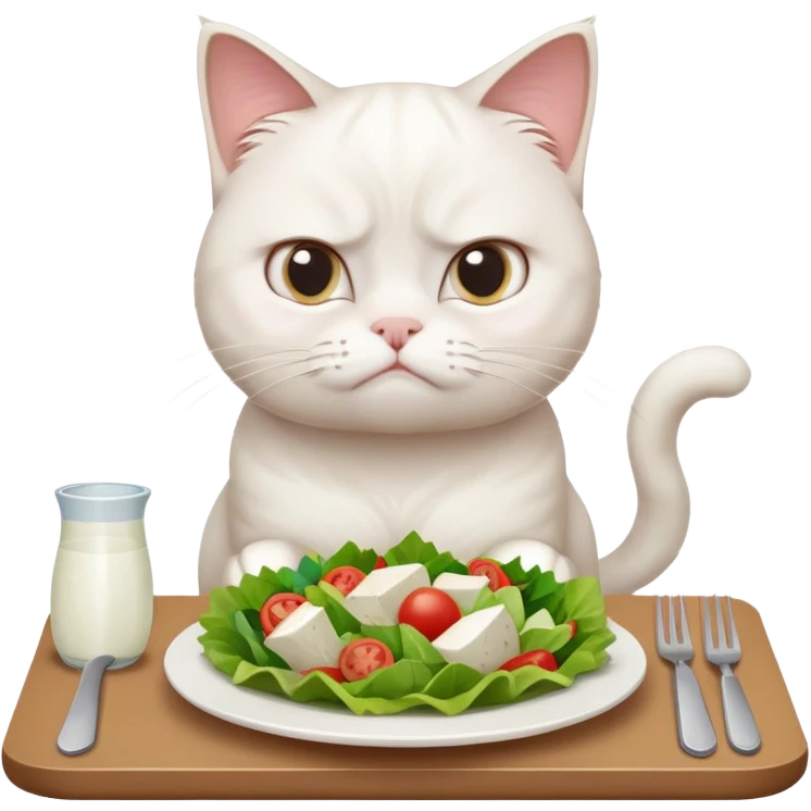 grumpy white cat sitting at a table, looking confused with its ears slightly back. In front of the cat is a plate with a salad emoji
