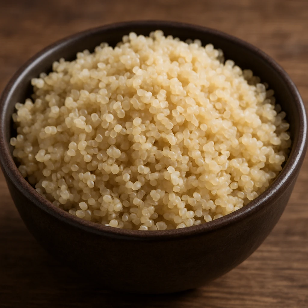 realistic photo of a bowl full of cooked quinoa with soft and separated grains emoji