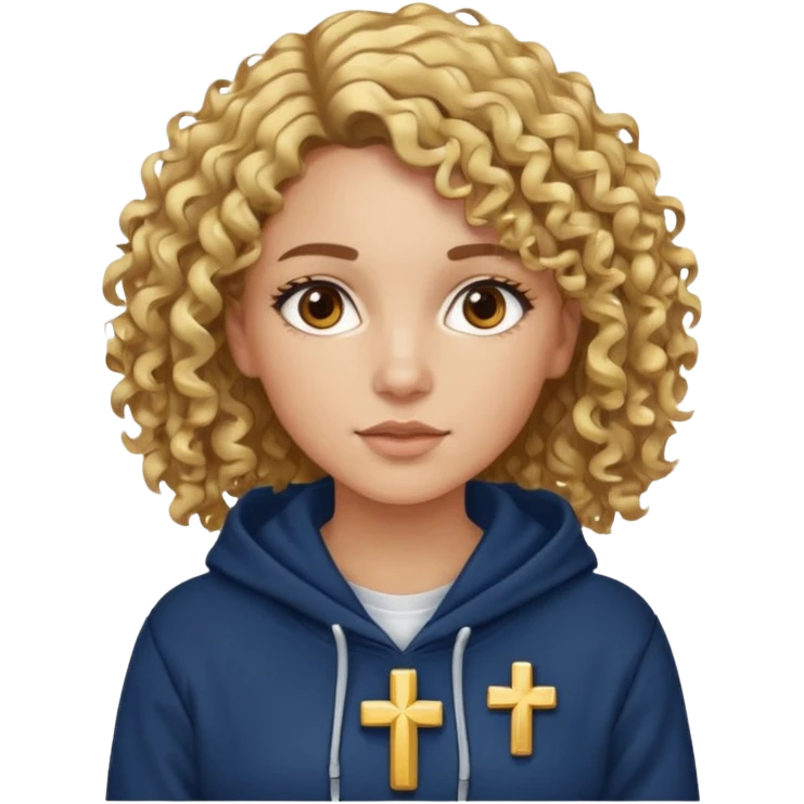 woman with curly brown hair and blonde highlights, brown eyes, and a gold cross necklace over a navy hoodie. emoji