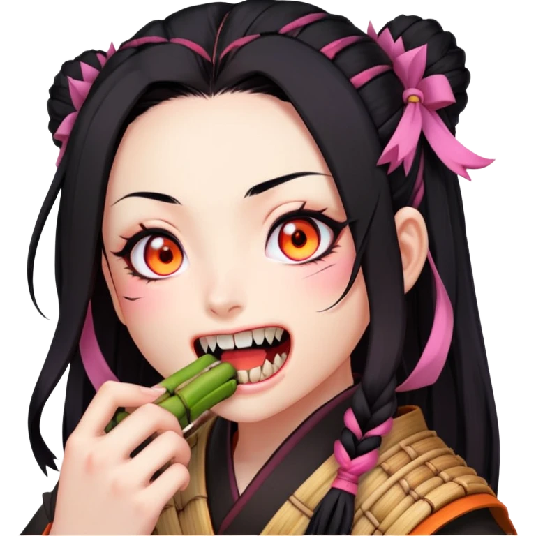 Nezuko from Demon Slayer biting down on bamboo muzzle with teeth visible, pink eyes and black hair with orange tips emoji