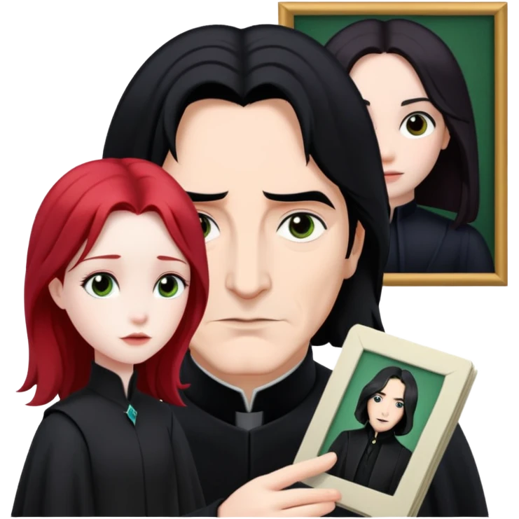 Severus Snape with black hair looking at a photo of Lily with red hair emoji