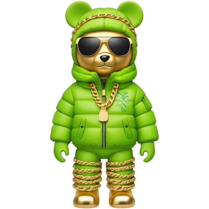 bearbrick figure with lime green grafitti-covered balaclava, voluminous puffer jacket with fur trim, single-piece wrap-around sunglasses, heavy gold chains, luxury streetwear style emoji