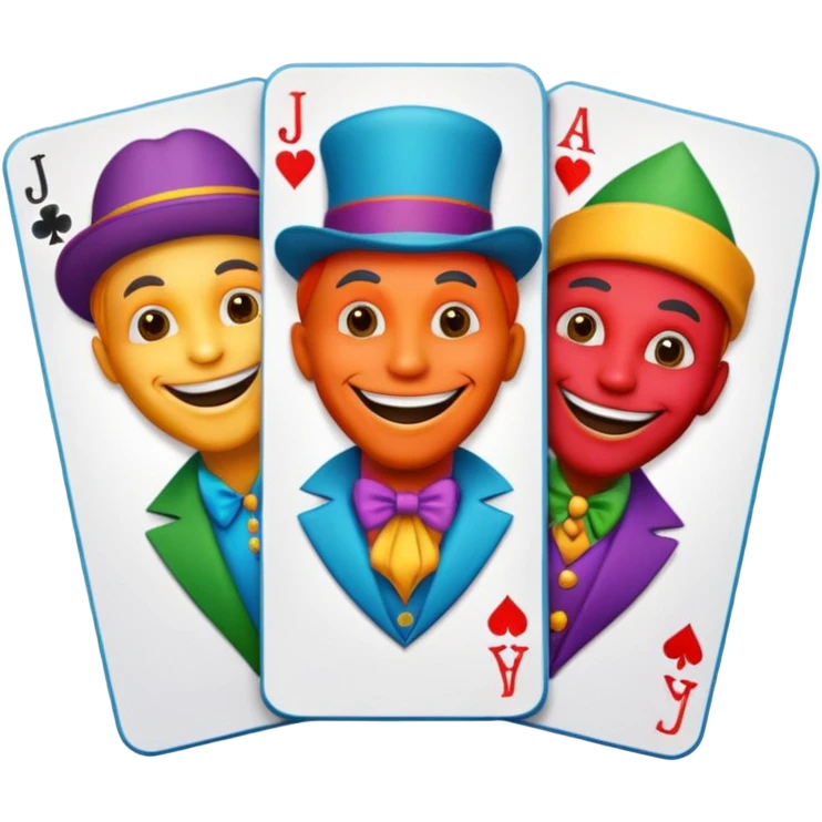 3 poker cards, with crazy colorful human jolly jokers inside emoji