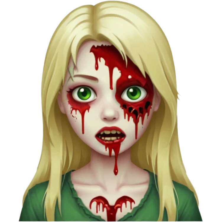 faça um emoji de um zumbi, uma menina loira com olho verdes, sangue, de terror, cabelo longo  emoji