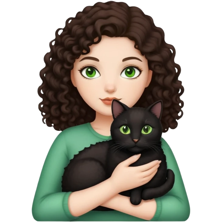 white curvy girl with dark brown curly hair, green eyes and with black cat on her hand emoji