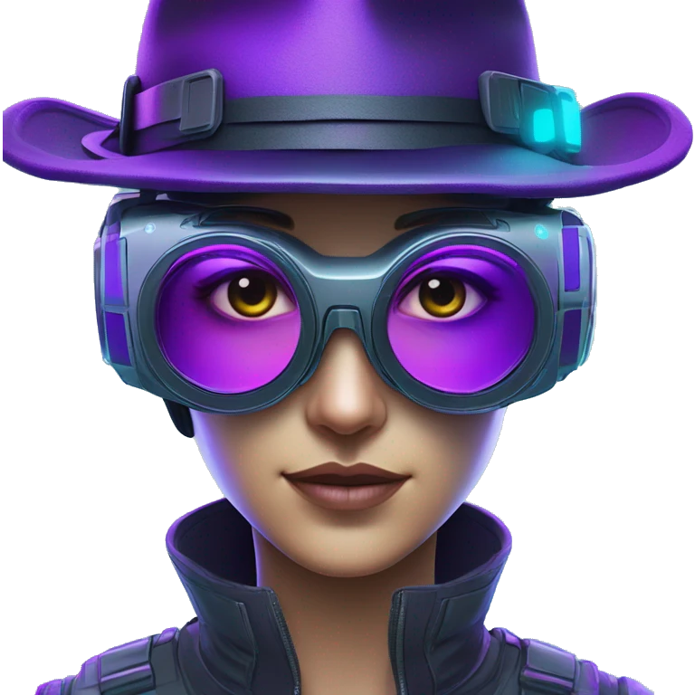 Secret human agent in a hat with  cyberpunk elements in Apple VR googles headset scanning looking reviewing multicolor lines of code, cyan and purple colors, only upper body portrait emoji