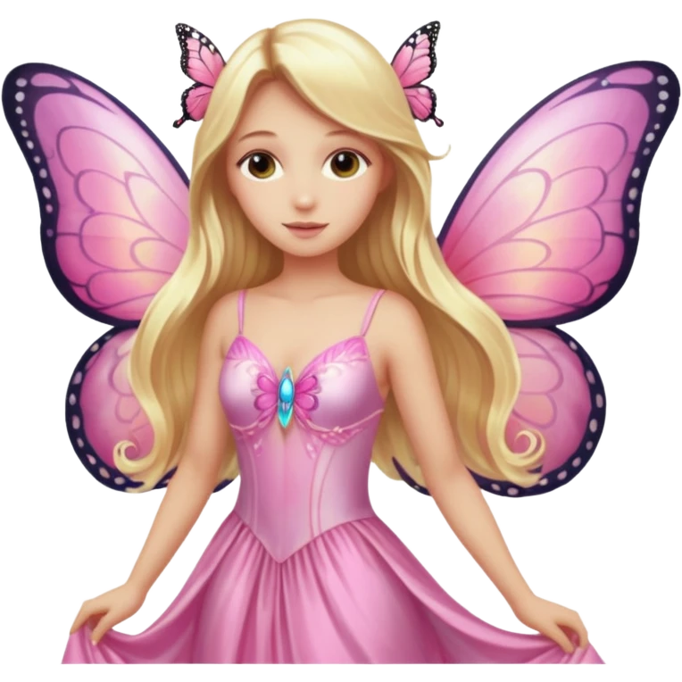 Detailed pink dress, long blonde hair, pink butterfly wings emoji