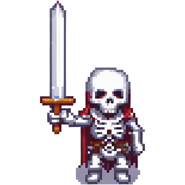 skeleton with a sword raised, pixel art style emoji