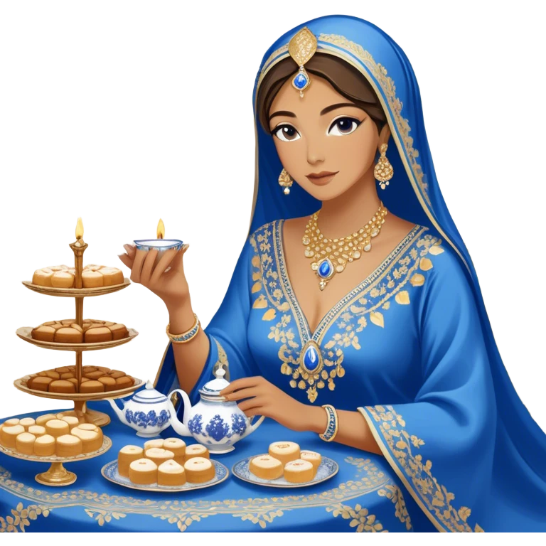 Arabian hospitality and tradition. A woman dressed in an elegant, intricately embroidered blue and gold kaftan sits gracefully at a lavish table filled with traditional sweets like luqaimat, pastries, and cakes, featuring silver tea sets, candles, and luxurious textiles emoji