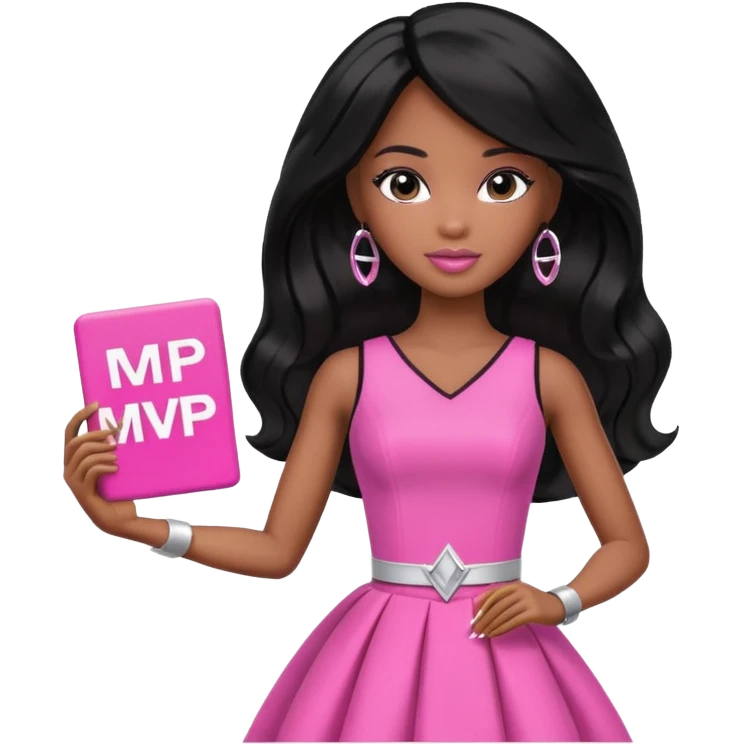 Black barbie, long black  hair, pink dress holding mvp sign  emoji