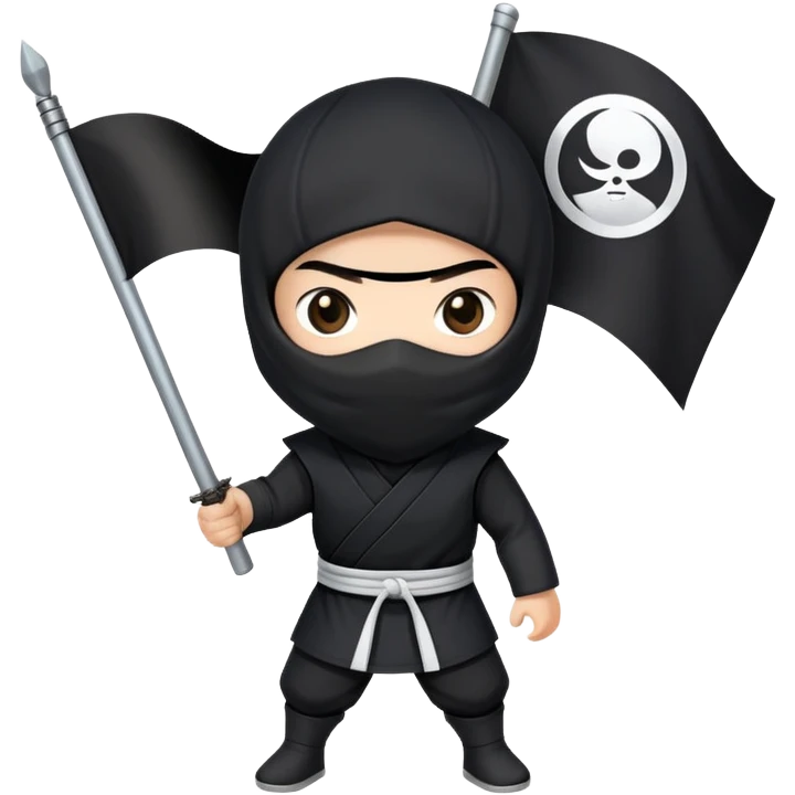 A ninja with black clothes holding a black flag with a white circle in the middle of the flag emoji