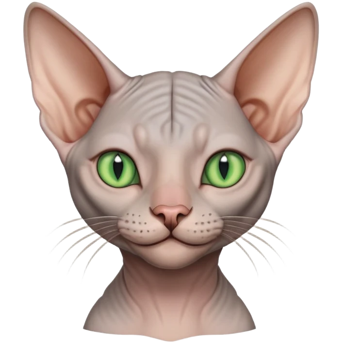 gray hairless Sphynx cat with green eyes, smiling emoji
