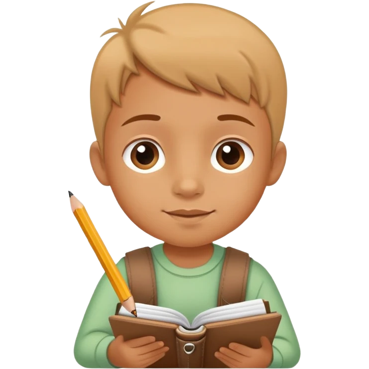 child writing in a notebook with a pencil, cheerful and focused emoji