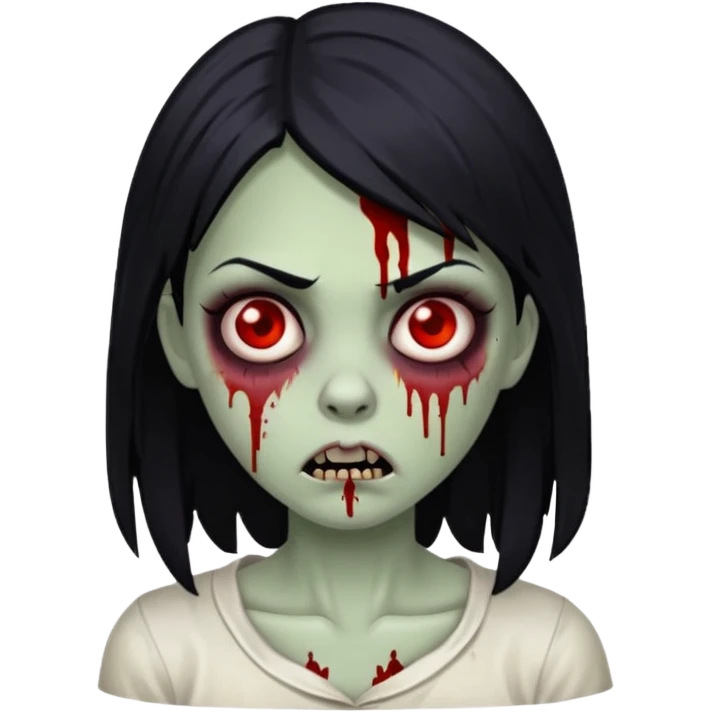 white girl zombie with black hair and blood, scary expression emoji