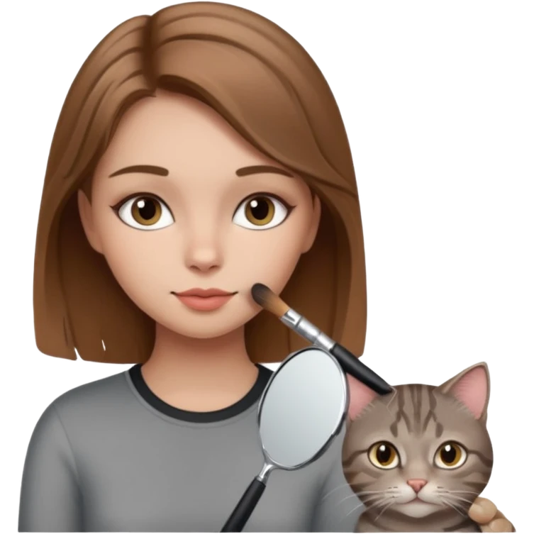 A image of a girl with light brown hair doing her makeup with her grey tabby cat emoji