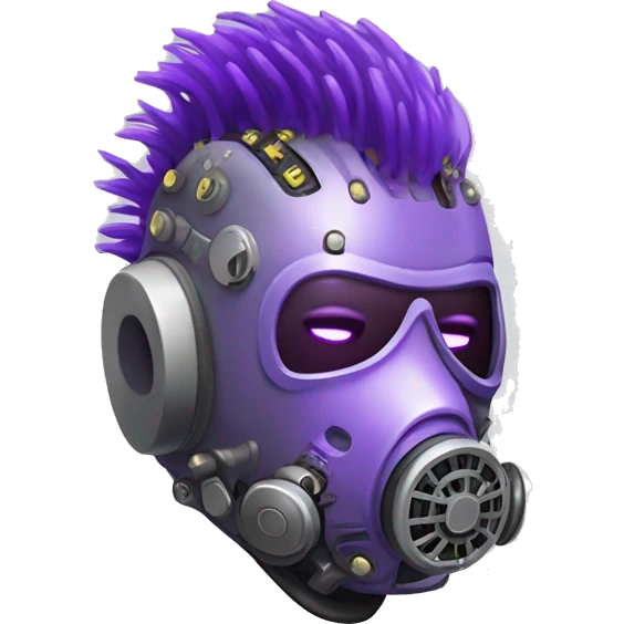 Purple mohawk cyborg head with grey respirator mask and circuits emoji