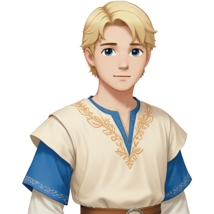 Medieval summer outfit worn by a DnD themed fantasy male character. Light cotton tunic in natural cream color with short sleeves, embroidered with simple floral patterns at the hem, paired with a thin leather belt. Clothes only above the waist, full waist coverage. The character has no arms. Character is white-skinned with golden blonde hair styled in a classic page-cut that falls just above the ears, slightly longer in the back, bright blue eyes, and youthful features. emoji