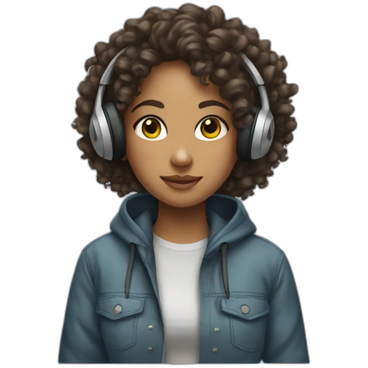 A curly-haired girl with headphones, a hoodie and earrings emoji