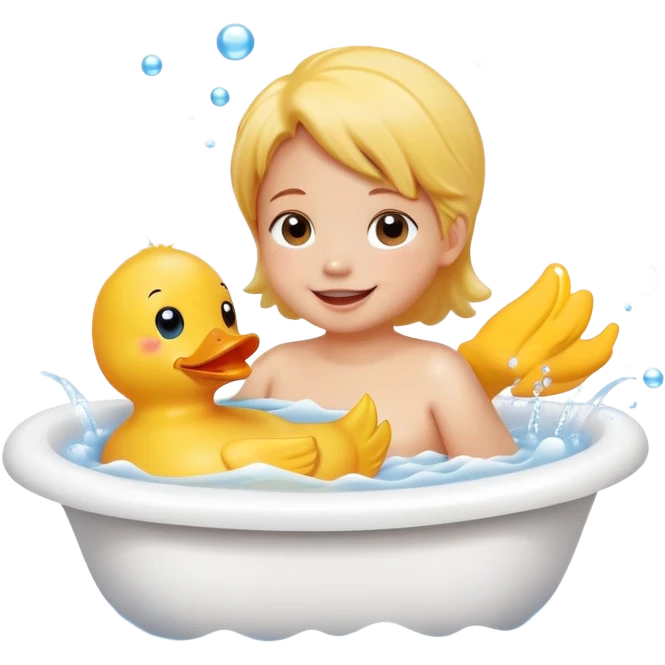 child splashing in a bathtub with rubber duck and bubbles, happy face emoji