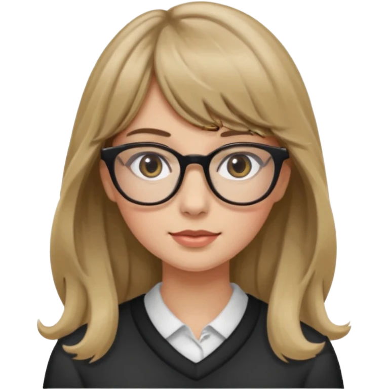 Uma garota de cabelo ondulado loiro escuro,mas com franja lisa e olhos pretos,usa óculos e a cor de pele branca,e o cabelo LONGO emoji