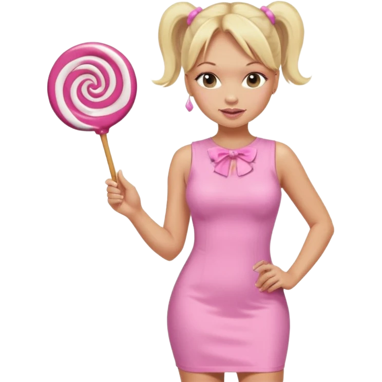 Emma Bunton with long blonde ponytails wearing light pink bodycon dress holding a lollipop emoji