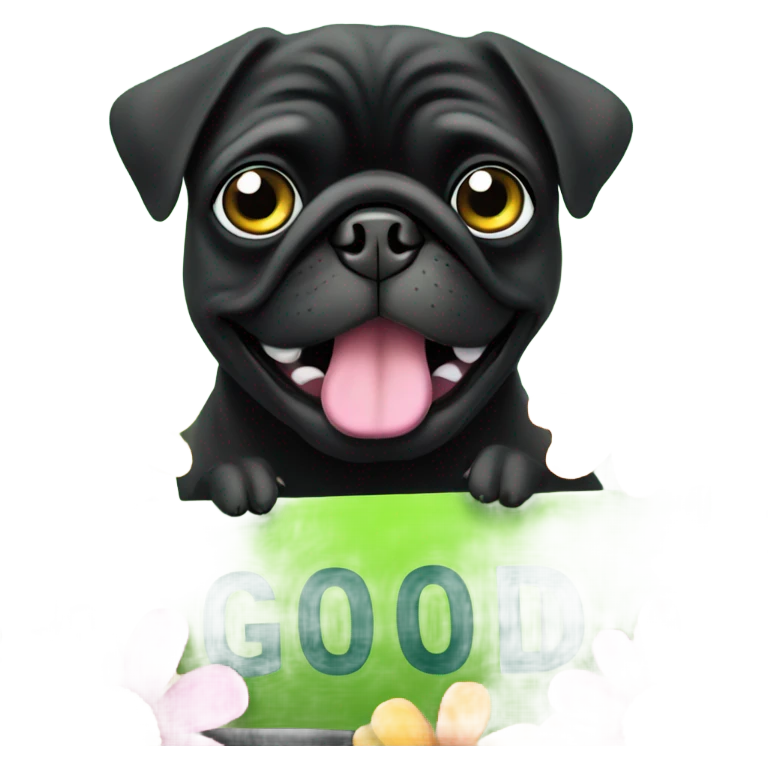 Black pug , surrounded by flowers, holding a green sign that says “good luck”  emoji
