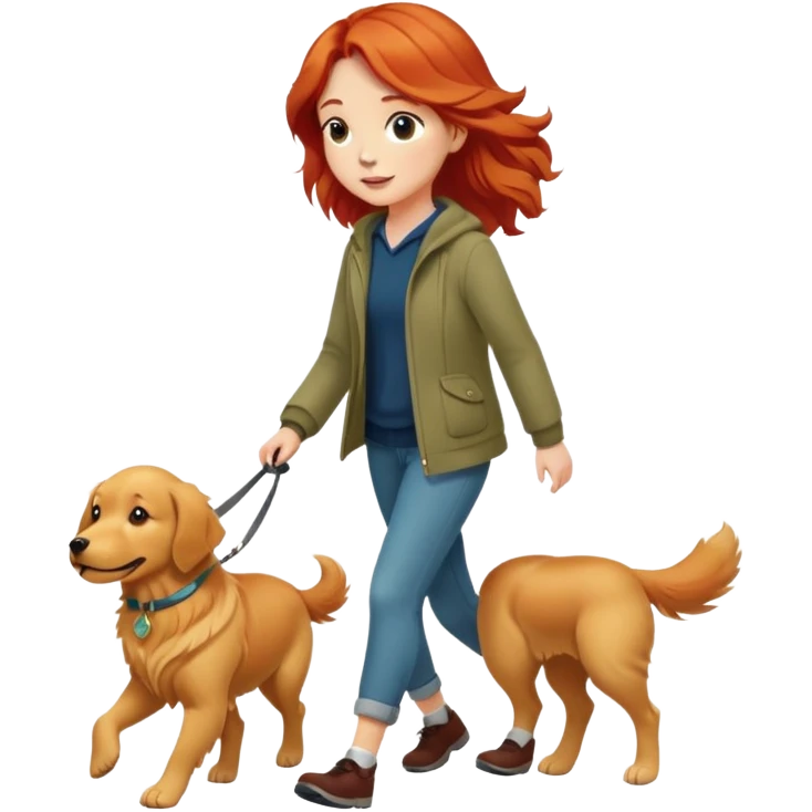 A red short-haired girl walking a golden retriever emoji